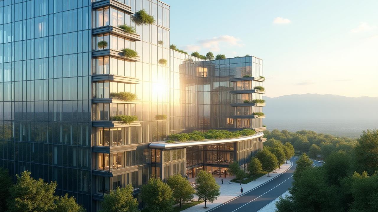 Almaty skyline merging with green vertical gardens and sustainable energy concepts